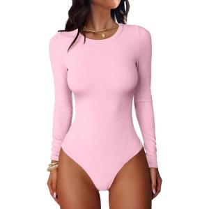 image:imageANRABESS Women Long Sleeve Crew Neck Bodysuits Top 2025 Fall Slim Fit Ribbed Knit Soft Basic Tee ShirtsBright Pink