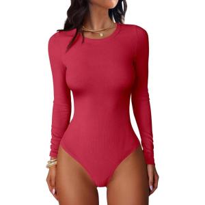 image:imageANRABESS Women Long Sleeve Crew Neck Bodysuits Top 2025 Fall Slim Fit Ribbed Knit Soft Basic Tee ShirtsBright Red