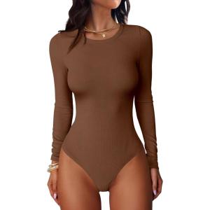 image:imageANRABESS Women Long Sleeve Crew Neck Bodysuits Top 2025 Fall Slim Fit Ribbed Knit Soft Basic Tee ShirtsBrown