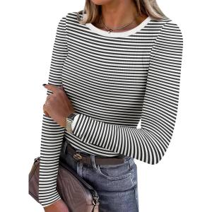 image:imageANRABESS Women Long Sleeve Shirts Rib Knit Slim Fit Tops Basic Tee Spring Outfits Casual TShirt Underscrubs Layer ClothesBlack White