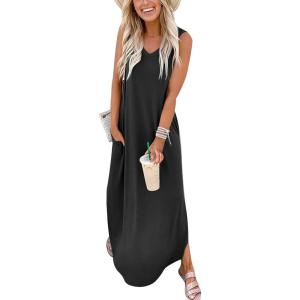 image:imageANRABESS Women Maxi Dress Summer Casual Sleeveless V Neck Sundress Coverups Beach Vacation Clothes with PocketsBlack