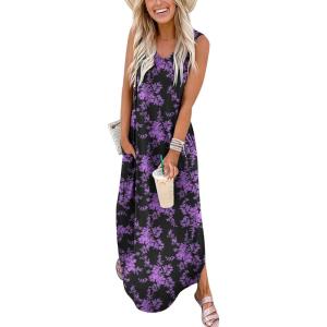 image:imageANRABESS Women Maxi Dress Summer Casual Sleeveless V Neck Sundress Coverups Beach Vacation Clothes with PocketsFloral Black Purple