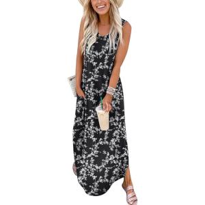 image:imageANRABESS Women Maxi Dress Summer Casual Sleeveless V Neck Sundress Coverups Beach Vacation Clothes with PocketsFloral Black White