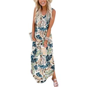 image:imageANRABESS Women Maxi Dress Summer Casual Sleeveless V Neck Sundress Coverups Beach Vacation Clothes with PocketsFloral Colorful Leaves