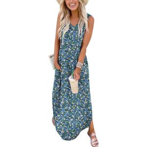 image:imageANRABESS Women Maxi Dress Summer Casual Sleeveless V Neck Sundress Coverups Beach Vacation Clothes with PocketsFloral White Blue