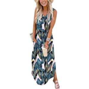 image:imageANRABESS Women Maxi Dress Summer Casual Sleeveless V Neck Sundress Coverups Beach Vacation Clothes with PocketsPrinted Leaves