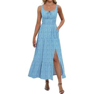image:imageANRABESS Women Summer Casual Floral Printed Square Neck Sleeveless Straps Elastic Waist Slit Beach Vacation Maxi DressBlue