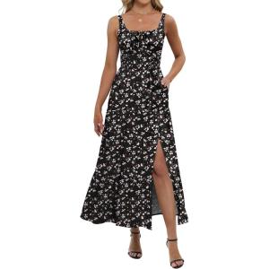 image:imageANRABESS Women Summer Casual Floral Printed Square Neck Sleeveless Straps Elastic Waist Slit Beach Vacation Maxi DressFloral Black