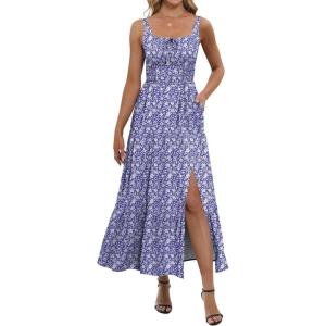 image:imageANRABESS Women Summer Casual Floral Printed Square Neck Sleeveless Straps Elastic Waist Slit Beach Vacation Maxi DressFloral Blue