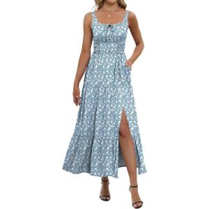 image:imageANRABESS Women Summer Casual Floral Printed Square Neck Sleeveless Straps Elastic Waist Slit Beach Vacation Maxi DressFloral Lake Blue