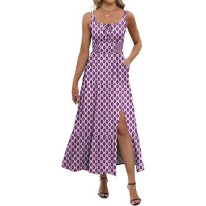 image:imageANRABESS Women Summer Casual Floral Printed Square Neck Sleeveless Straps Elastic Waist Slit Beach Vacation Maxi DressFloral Purple