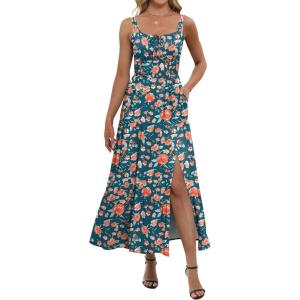 image:imageANRABESS Women Summer Casual Floral Printed Square Neck Sleeveless Straps Elastic Waist Slit Beach Vacation Maxi DressFloral Teal