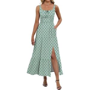 image:imageANRABESS Women Summer Casual Floral Printed Square Neck Sleeveless Straps Elastic Waist Slit Beach Vacation Maxi DressGreen