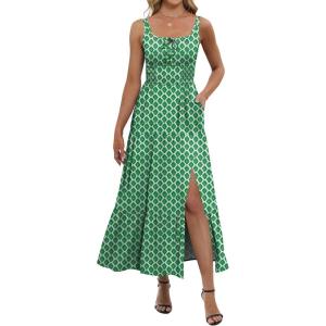 image:imageANRABESS Women Summer Casual Floral Printed Square Neck Sleeveless Straps Elastic Waist Slit Beach Vacation Maxi DressGreen Floral