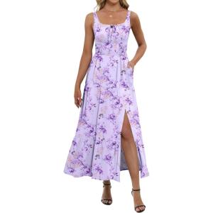 image:imageANRABESS Women Summer Casual Floral Printed Square Neck Sleeveless Straps Elastic Waist Slit Beach Vacation Maxi DressLight Purple Floral