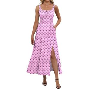 image:imageANRABESS Women Summer Casual Floral Printed Square Neck Sleeveless Straps Elastic Waist Slit Beach Vacation Maxi DressPink Purple Floral