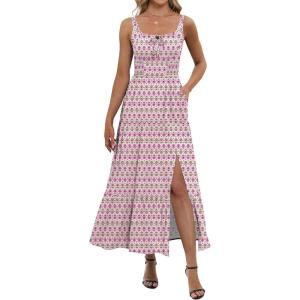 image:imageANRABESS Women Summer Casual Floral Printed Square Neck Sleeveless Straps Elastic Waist Slit Beach Vacation Maxi DressPink White