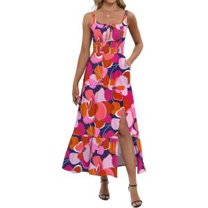 image:imageANRABESS Women Summer Casual Floral Printed Square Neck Sleeveless Straps Elastic Waist Slit Beach Vacation Maxi DressPrint Floral Butterfly