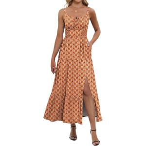 image:imageANRABESS Women Summer Casual Floral Printed Square Neck Sleeveless Straps Elastic Waist Slit Beach Vacation Maxi DressPrint Orange