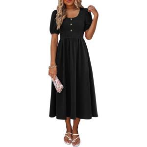 image:imageANRABESS Women Summer Casual Puff Short Sleeve Square Neck Smocked Button Up High Waist Flowy Vacation Midi Dresses amp PocketsBlack