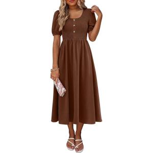 image:imageANRABESS Women Summer Casual Puff Short Sleeve Square Neck Smocked Button Up High Waist Flowy Vacation Midi Dresses amp PocketsBrown