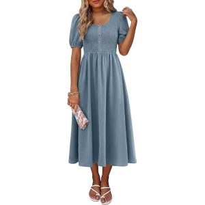 image:imageANRABESS Women Summer Casual Puff Short Sleeve Square Neck Smocked Button Up High Waist Flowy Vacation Midi Dresses amp PocketsGrey Blue
