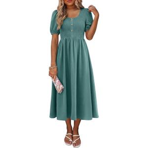 image:imageANRABESS Women Summer Casual Puff Short Sleeve Square Neck Smocked Button Up High Waist Flowy Vacation Midi Dresses amp PocketsLake