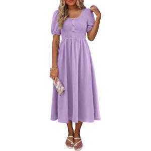 image:imageANRABESS Women Summer Casual Puff Short Sleeve Square Neck Smocked Button Up High Waist Flowy Vacation Midi Dresses amp PocketsLight Purple