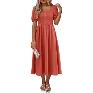 image:imageANRABESS Women Summer Casual Puff Short Sleeve Square Neck Smocked Button Up High Waist Flowy Vacation Midi Dresses amp PocketsOrange Red