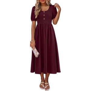 image:imageANRABESS Women Summer Casual Puff Short Sleeve Square Neck Smocked Button Up High Waist Flowy Vacation Midi Dresses amp PocketsWine Red
