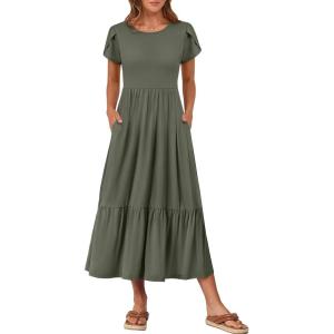 image:imageANRABESS Women Summer Casual Short Sleeve Maxi Dresses A Line Flowy T Shirt Dress 2026 Beach Vacation Sundress with PocketsArmy Green