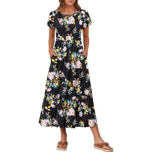 image:imageANRABESS Women Summer Casual Short Sleeve Maxi Dresses A Line Flowy T Shirt Dress 2026 Beach Vacation Sundress with PocketsBlack Yellow Floral