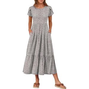 image:imageANRABESS Women Summer Casual Short Sleeve Maxi Dresses A Line Flowy T Shirt Dress 2026 Beach Vacation Sundress with PocketsKhaki Polka Dot Gray