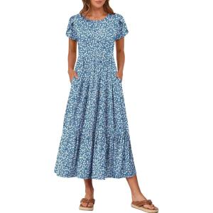 image:imageANRABESS Women Summer Casual Short Sleeve Maxi Dresses A Line Flowy T Shirt Dress 2026 Beach Vacation Sundress with PocketsNavy Blue White Floral