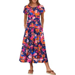 image:imageANRABESS Women Summer Casual Short Sleeve Maxi Dresses A Line Flowy T Shirt Dress 2026 Beach Vacation Sundress with PocketsNavy Red Floral