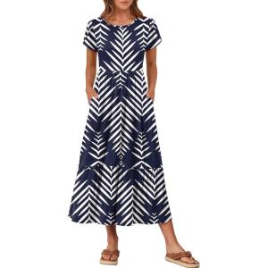 image:imageANRABESS Women Summer Casual Short Sleeve Maxi Dresses A Line Flowy T Shirt Dress 2026 Beach Vacation Sundress with PocketsNavy White Leaf Floral