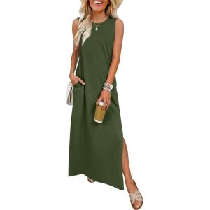 image:imageANRABESS Women Summer Casual Sleeveless Maxi Sundress Beach Tank Dresses Pockets Travel Vacation Clothes Cruise Outfits 2026Army Green