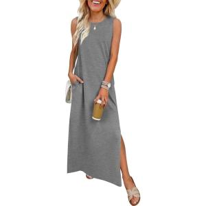 image:imageANRABESS Women Summer Casual Sleeveless Maxi Sundress Beach Tank Dresses Pockets Travel Vacation Clothes Cruise Outfits 2026Grey