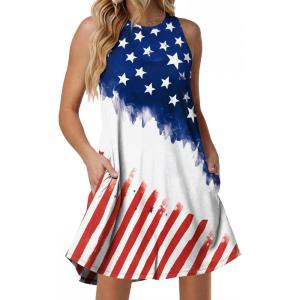image:imageANRABESS Women Summer Dress Built in Bra 2026 Casual Sleeveless Beach Sundress Flowy Tank Mini Short Dresses with PocketsFlag Red Blue White