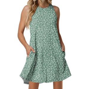 image:imageANRABESS Women Summer Dress Built in Bra 2026 Casual Sleeveless Beach Sundress Flowy Tank Mini Short Dresses with PocketsGreen White Floral