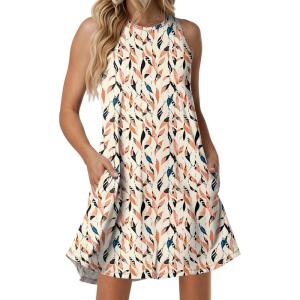 image:imageANRABESS Women Summer Dress Built in Bra 2026 Casual Sleeveless Beach Sundress Flowy Tank Mini Short Dresses with PocketsLeaves Print