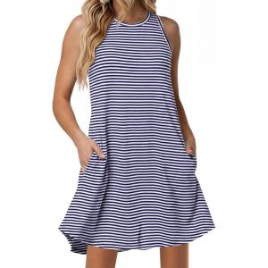 image:imageANRABESS Women Summer Dress Built in Bra 2026 Casual Sleeveless Beach Sundress Flowy Tank Mini Short Dresses with PocketsNavy Blue White Stripe