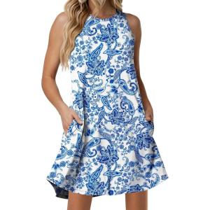 image:imageANRABESS Women Summer Dress Built in Bra 2026 Casual Sleeveless Beach Sundress Flowy Tank Mini Short Dresses with PocketsWhite Blue Print