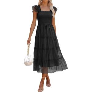 image:imageANRABESS Women Summer Floral Midi Dress Sleeveless Boho Flowy Smocked RuffleTulle Beach Vacation Wedding Guest Party DressesBlack