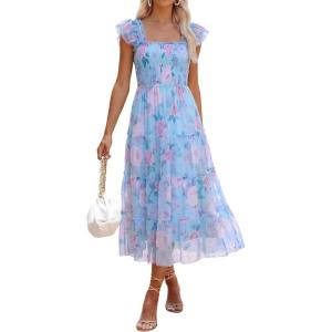 image:imageANRABESS Women Summer Floral Midi Dress Sleeveless Boho Flowy Smocked RuffleTulle Beach Vacation Wedding Guest Party DressesBlue Floral Purple