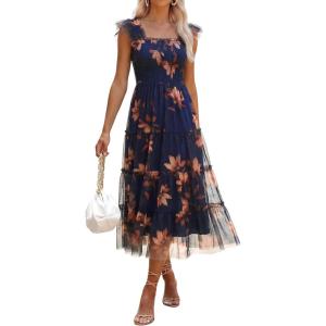 image:imageANRABESS Women Summer Floral Midi Dress Sleeveless Boho Flowy Smocked RuffleTulle Beach Vacation Wedding Guest Party DressesBrown Floral Dark Blue