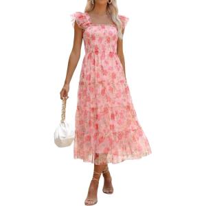 image:imageANRABESS Women Summer Floral Midi Dress Sleeveless Boho Flowy Smocked RuffleTulle Beach Vacation Wedding Guest Party DressesFloral Pink Rose