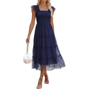 image:imageANRABESS Women Summer Floral Midi Dress Sleeveless Boho Flowy Smocked RuffleTulle Beach Vacation Wedding Guest Party DressesNavy Blue