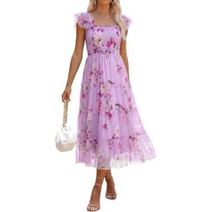 image:imageANRABESS Women Summer Floral Midi Dress Sleeveless Boho Flowy Smocked RuffleTulle Beach Vacation Wedding Guest Party DressesPurple Rose