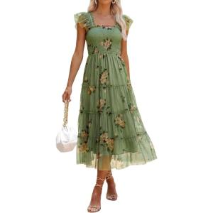 image:imageANRABESS Women Summer Floral Midi Dress Sleeveless Boho Flowy Smocked RuffleTulle Beach Vacation Wedding Guest Party DressesYellow Floral Green